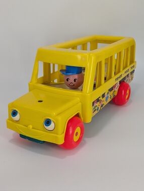 Vintage 1968 Fisher-Price Yellow School Bus Toy with Red Wheels